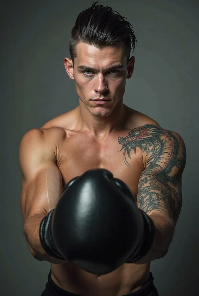 Create a beautiful 23-year-old man. German origin. white skin, jet black hair, mid-line and elegant backwards hairstyle, light blue eyes, marked jaw . tall and muscular, with a dragon tattoo on his left arm, bare chest, standing face to face with arms rais...