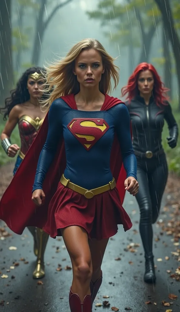 "A highly detailed 3D image of three heroines — Supergirl, Mulher-Maravilha e Black Widow – correndo em direção à câmera em um ambiente chuvoso e sombrio. The scene has an intense movement effect, leaving the corners of the image blurred. Supergirl is in t...