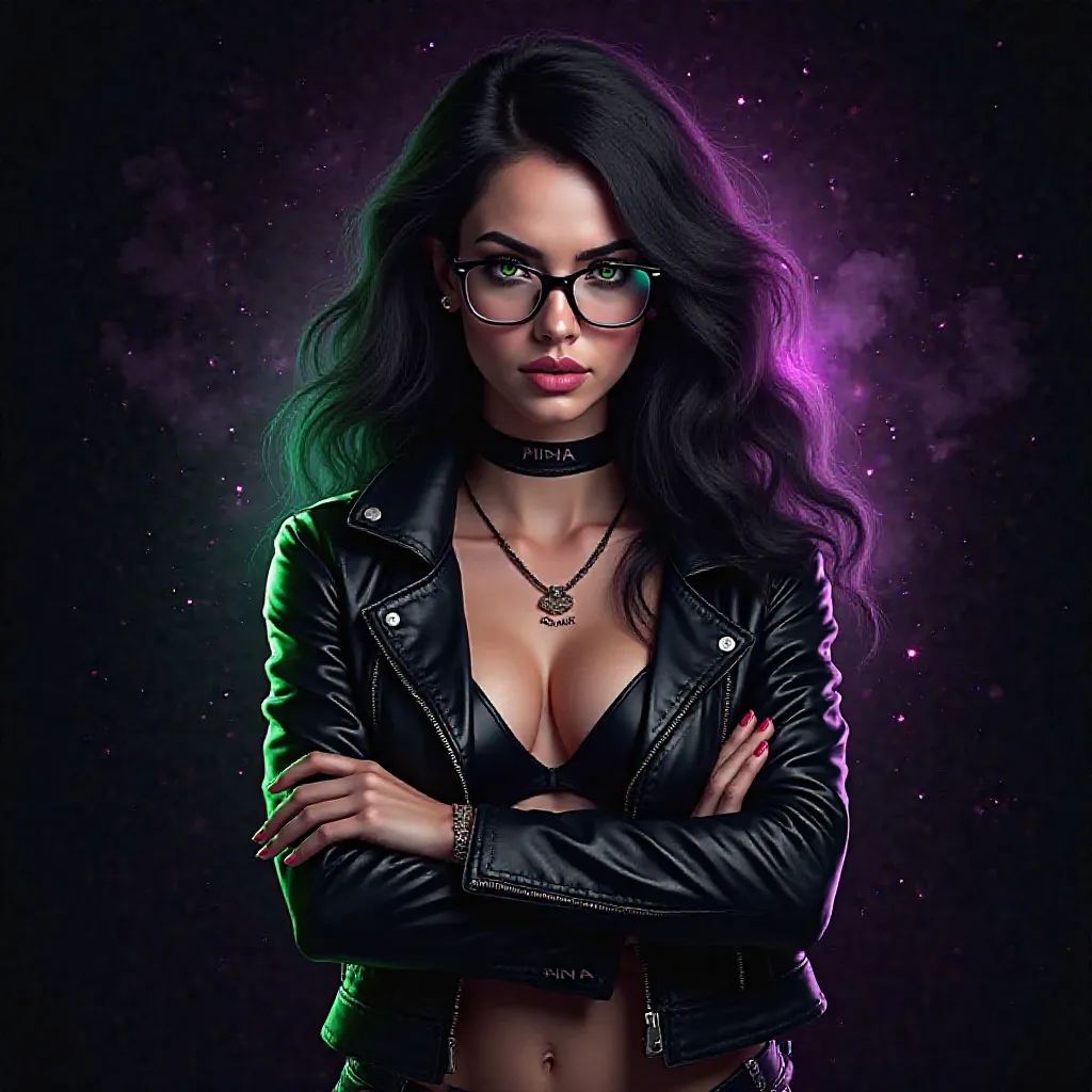 a beautiful female with green eyes , eye glasses, black flowing hair, highlighted facial features delicare tattoo that says " NOVA", wearing an edgy leather jacket and brazier top, arms crossed looking confident and proud, background is in black with purpl...