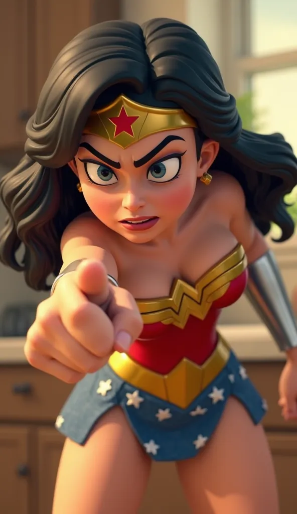 Wonder Woman in 3D cartoon style, in the kitchen, with an angry expression . She is leaning strongly downwards, facing the spectator. In one hand, she is pointing forward with her index finger, And on the other hand, She has her fist closed, with her arm o...