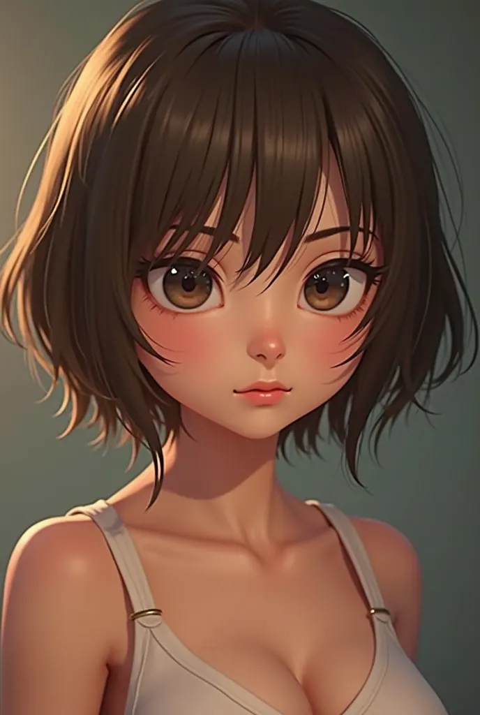 frisk, as an adult woman, he would have a more mature appearance but retaining his essential features. Her face would still be soft and youthful, with his big brown eyes that reflect wisdom and calm. Her short hair. I want her with a well-developed body wi...