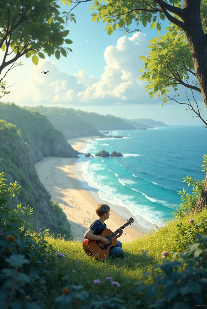 A person on the beach playing the guitar on a hill 