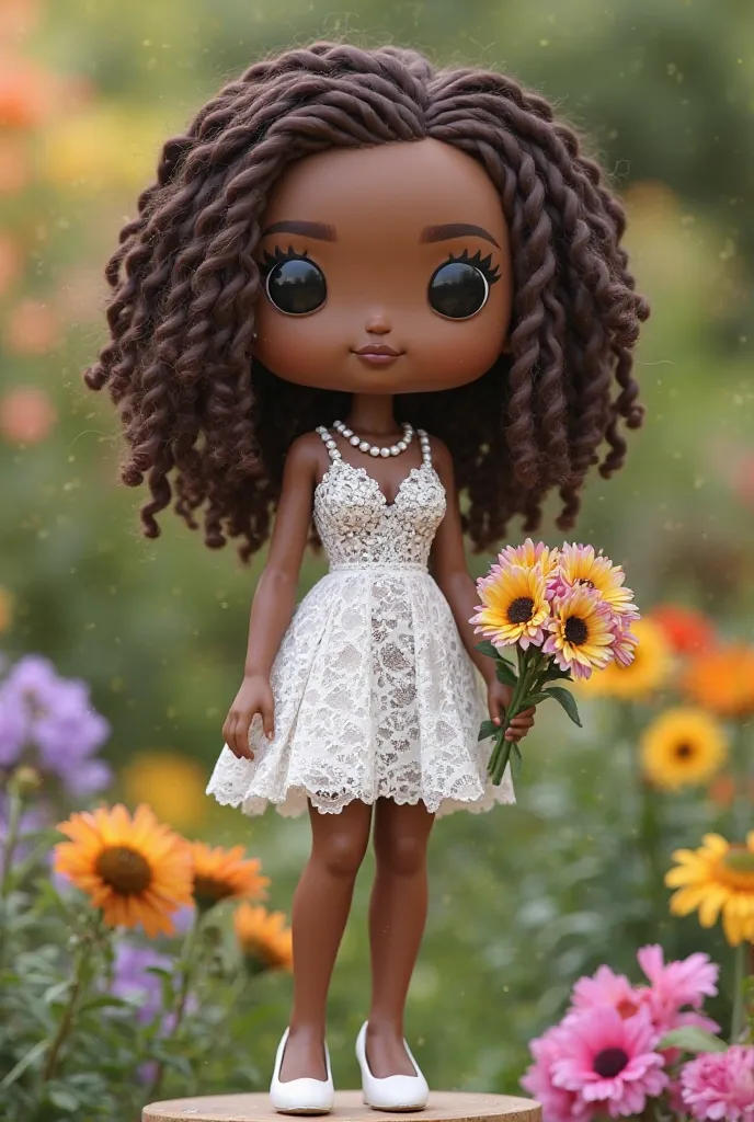 Create Funko Pop 3D plus size women's fair-skinned style, Extra Fine African Brown Braid Hair. Funko pop with a dress. White lace all embroidered with rhinestones not tight tight dress compliments. Wearing white pumps, high heels and bouquet of field flowe...