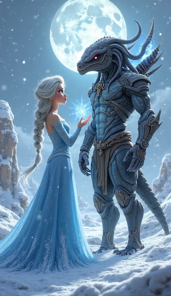 "A striking image of two characters side by side in a snowy alien landscape. On the left, a stylized animated ice sorceress in the exact style of a Disney princess — large expressive eyes, smooth cartoon-like features, and a flowing blue ice gown. Her long...