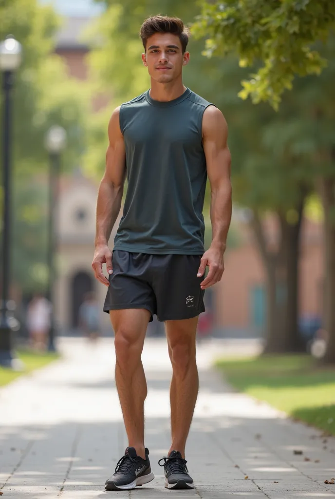 A full-body view of Mateo, a handsome young university student with short brown hair and sharp facial features, wearing athletic clothing. Mateo is dressed in a sleeveless t-shirt, shorts, and running shoes. His muscular, athletic build is on display as he...