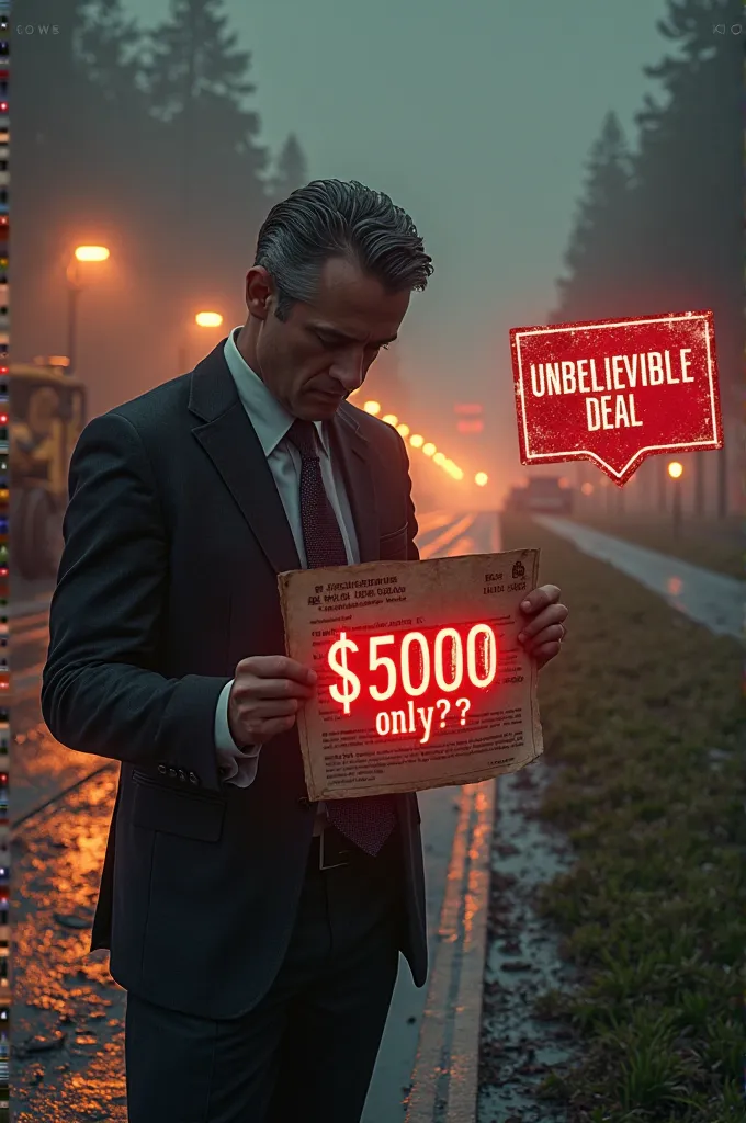 "A businessman in a black suit and tie holds a legal contract that prominently says '$5000 ONLY??' in bold red letters. His face is not visible, adding an element of mystery. The background features a futuristic glowing road leading to a distant land, with...