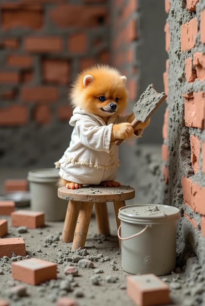 "A small, fluffy orange duckling, possibly a Pomeranian, wearing a torn and ragged white shirt, is standing on a wooden stool. The duckling is holding a masonry trowel in its paws and applying cement to a rough brick wall. The scene is a construction site ...