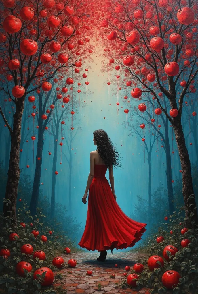 Modern painting of a woman walking from behind in a red dress with apples raining from the night sky.