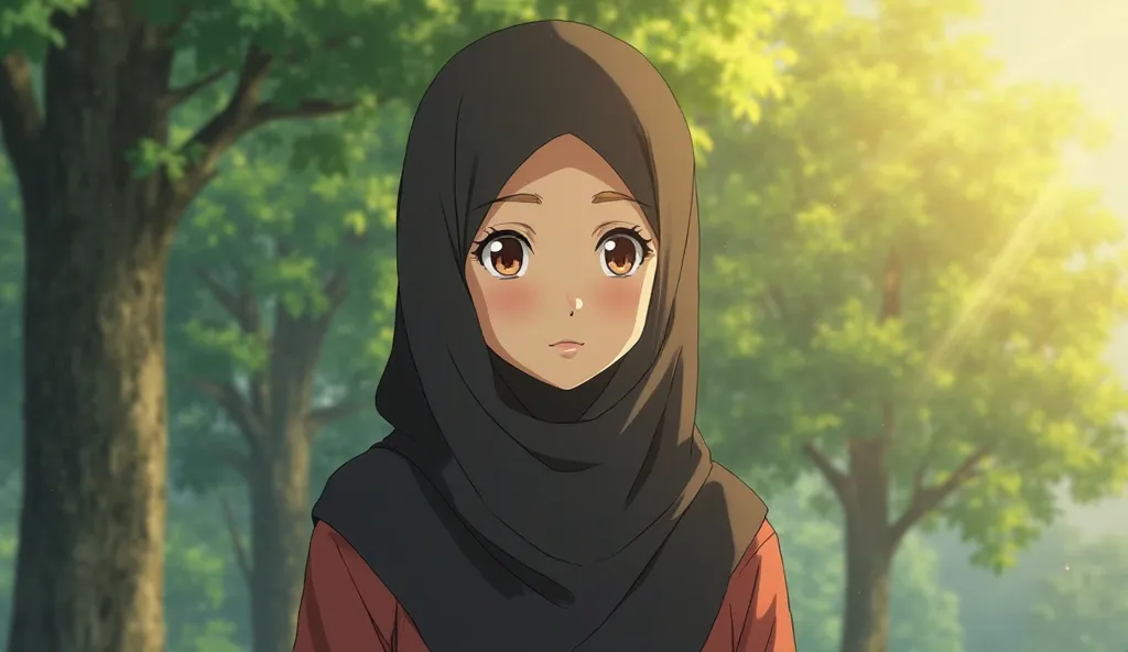 is a hijab anime character in the style of drawing Ghibli studio,  accurate face ,  calm expression , Islamic hijab, wears a full body, Traditional Wear,  is a dark color , The background of the nature of the forest, green trees, A bright sun, Warm lightin...