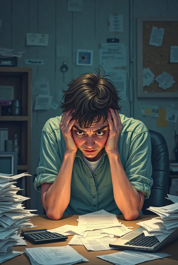 Please give me a realistic illustration or photograph showing someone overwhelmed by papers, financial concerns and emotional stress, reflecting the sense of chaos faced by avatar.