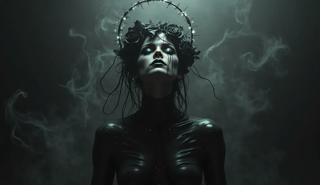 cyberpunk woman robot crying black blood , floating in the air with a black led halo on the head and black evil roseson the head, night ghotic photo art, strong cinematic led lights on the background, totally strong black background, black smoke
