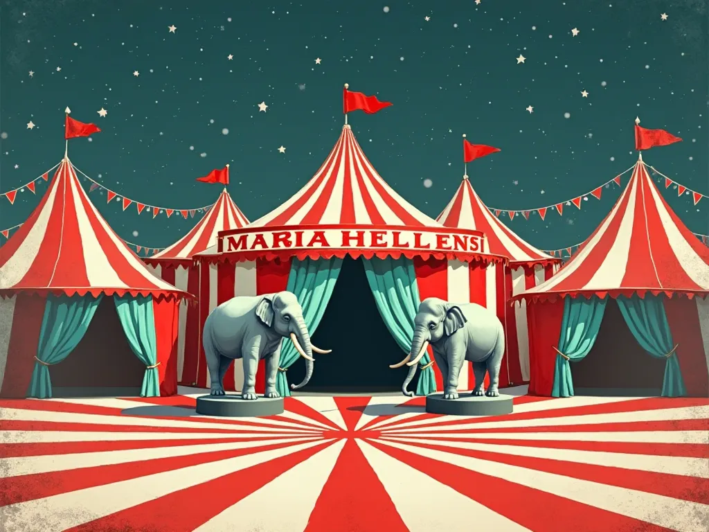 A vibrant circus scene, featuring a collection of red and white striped tents arranged around a central ring.  The tents have light teal/turquoise curtains.  Two large light gray elephants stand on pedestals in front of the main tent entrance. The entrance...