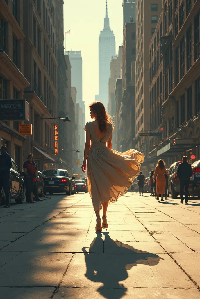 create an image of a woman walking down the street with her shadow walking along her