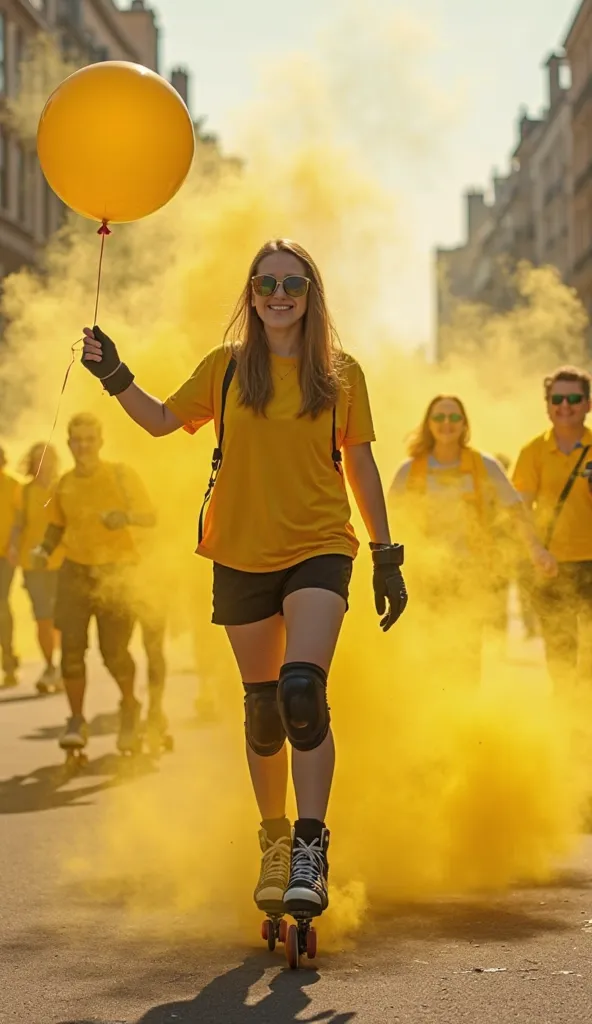 mass group of 22-year-old women and men, on inline skates, wearing yellow t-shirts,  short black, hull, knee pads, Gloves, helium balloon in the hand, moving around the city in the afternoon, yellow smoke flare, yellow luminous wheels