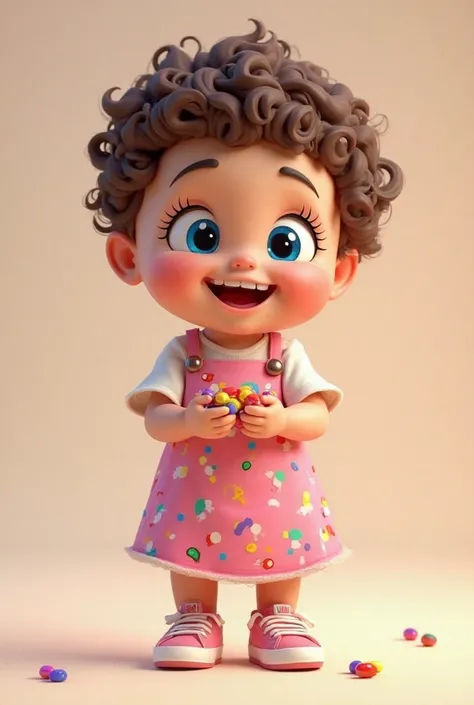 A  baby in 3D with blue eyes short curly curly hair, smiley with round face and cheeky, looking forward in a pink apron with candy prints wearing sneakers and holding candy 