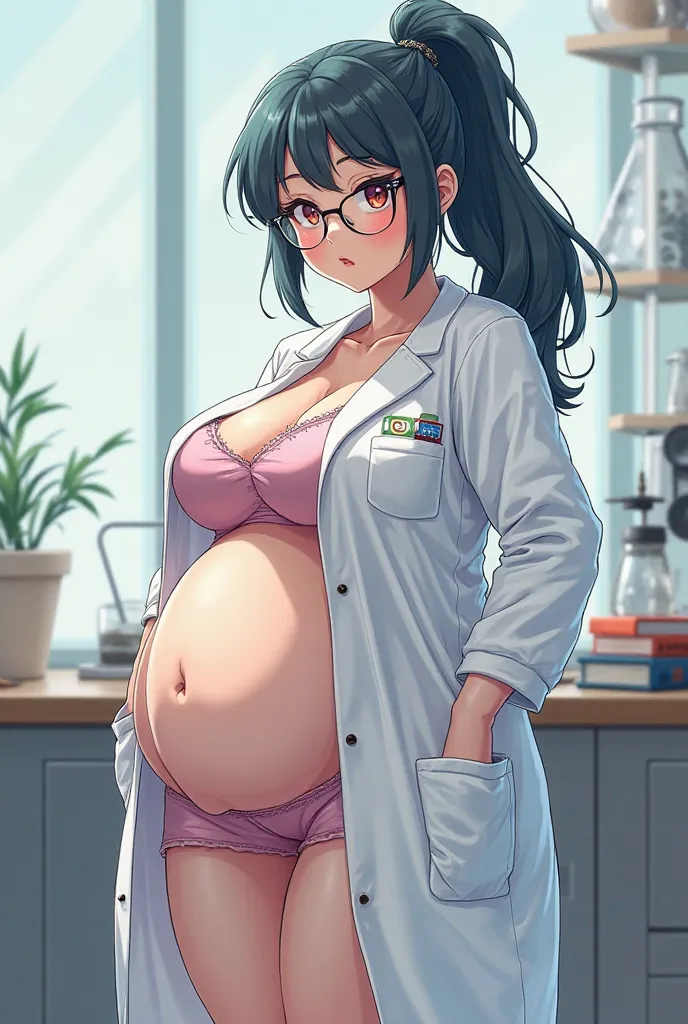 Create anime image of scientific waifu being obese and having a very big and wide belly