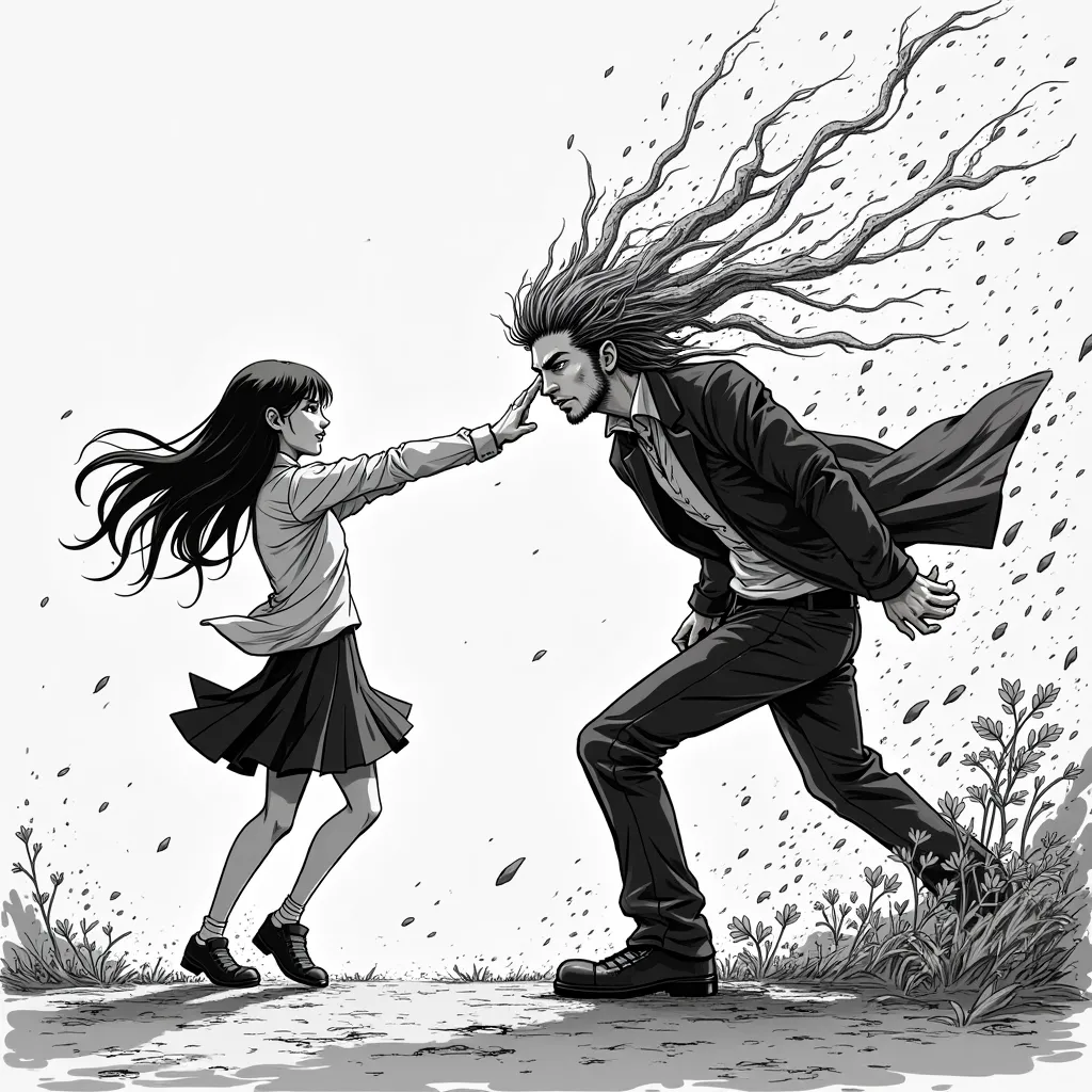 the girl slapped the guy, the wind is visible from the impact in the air. Black and white manga. guy without emotion on his face was hit
