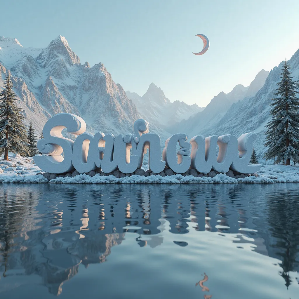 3D aesthetic text writing"SAHUR GUYS",Lake background and beautiful mountains and crescent,ultra hd realistic