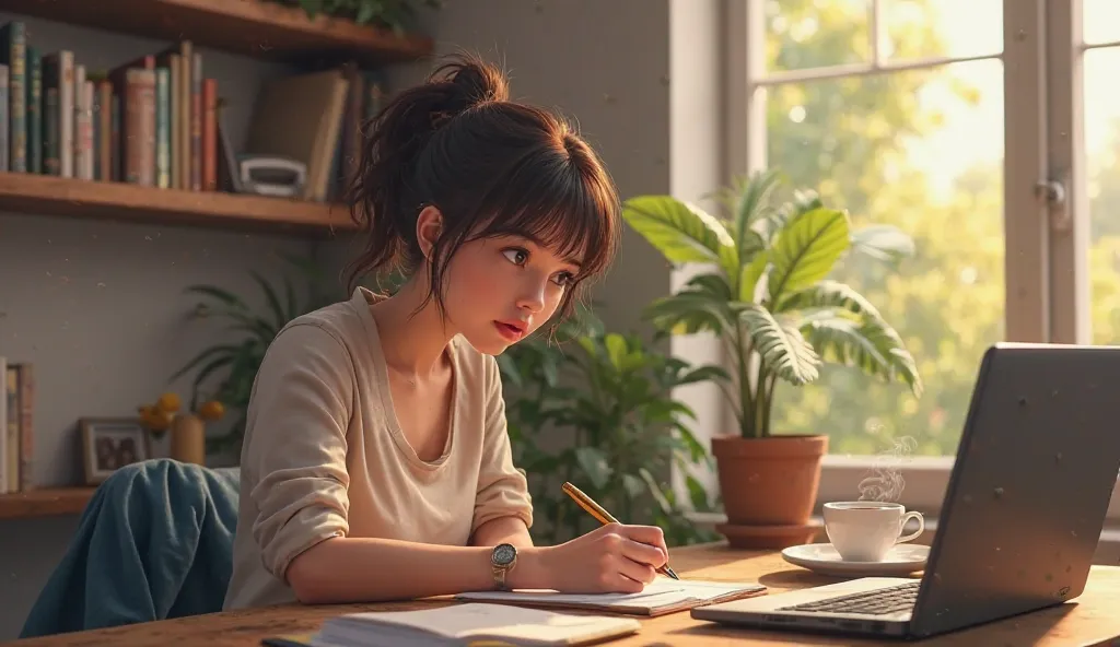 5. "A woman sitting at a desk next to a window, WRITING IN A NOTEBOOK. Above the desk are books, a laptop and a cup of coffee. The room is decorated in a personal and warm style."