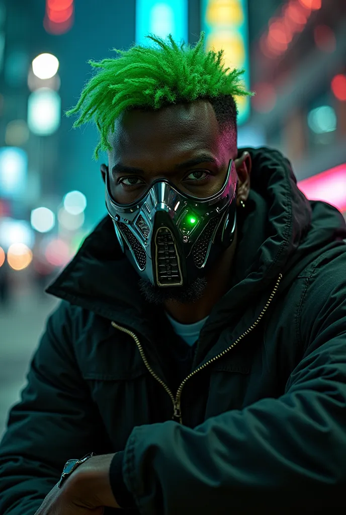 " dark theme :: Face focus on close , muscular black man with green hair sitting in an ultra realistic cyberpunk and futuristic setting :: Cyberpunk style ( cyber eyes ) :: stylish cyber punk jacket neon green eyes :: ShirtleSS::  intricate mechanical mask...