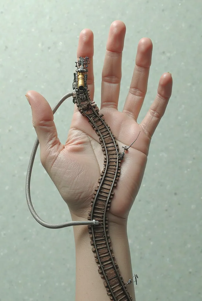 Image of a hand with an intravenous line, The connecting cable is a train track

