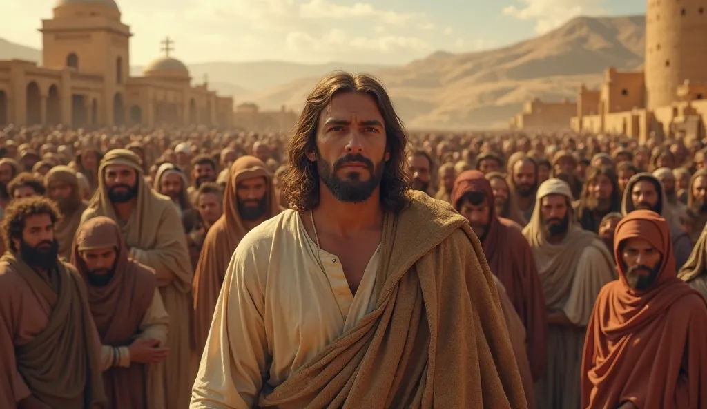 Hyperrealist Jesus surrounded by people in the biblical setting. The camera takes a shot of the top of the scene.