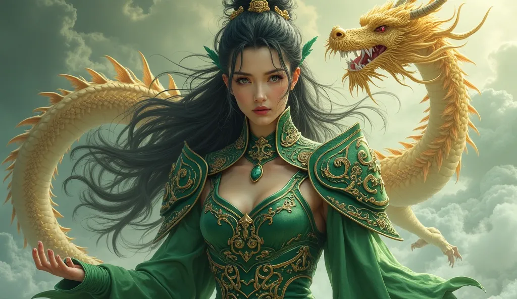 Dragon Shiryu ( female version )
"A warrior with long, dark hair with an air of wisdom and power. Her emerald green armor shines under the light, with dragon engravings on her chest and shoulders. Her eyes reflect concentration and determination. behind he...