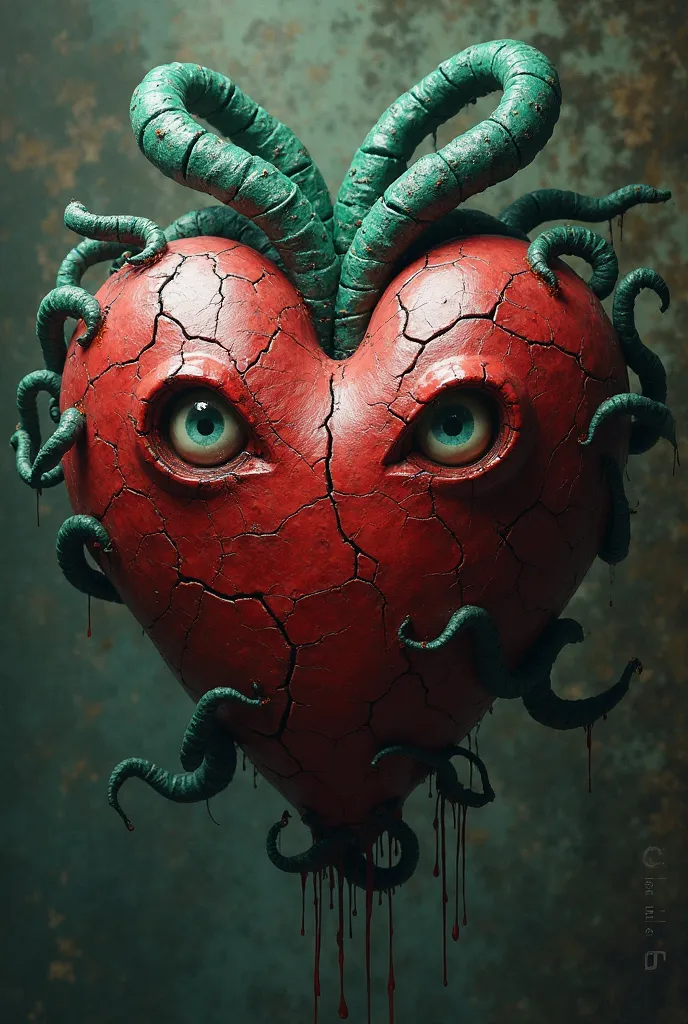 image of a red heart with a ruby ​​texture, with cracks where eyes can be seen, and green tentacles coming out of the back.