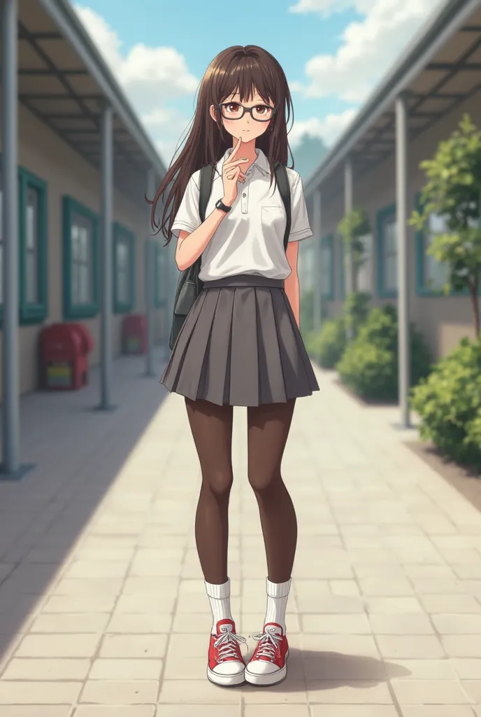 school uniform, eyeglasses, white polo shirt, short gray school skirt, (thick brown pantyhose), (thick brown leggings), white loose socks, converse, 