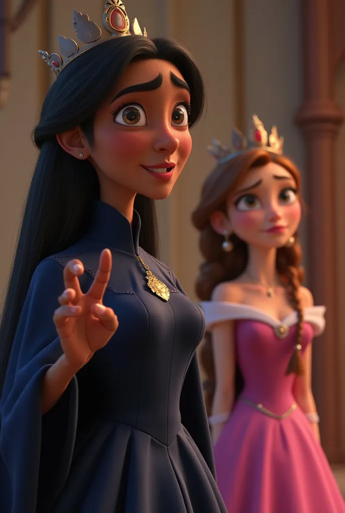 Create a dark-skinned Disney Pixar-style queen, straight black hair breasts, Queen with an angry face, dark blue dress, 50 years old, Without big breasts, pointing her finger and screaming at a fair-skinned princess, with long light brown hair tied in a br...