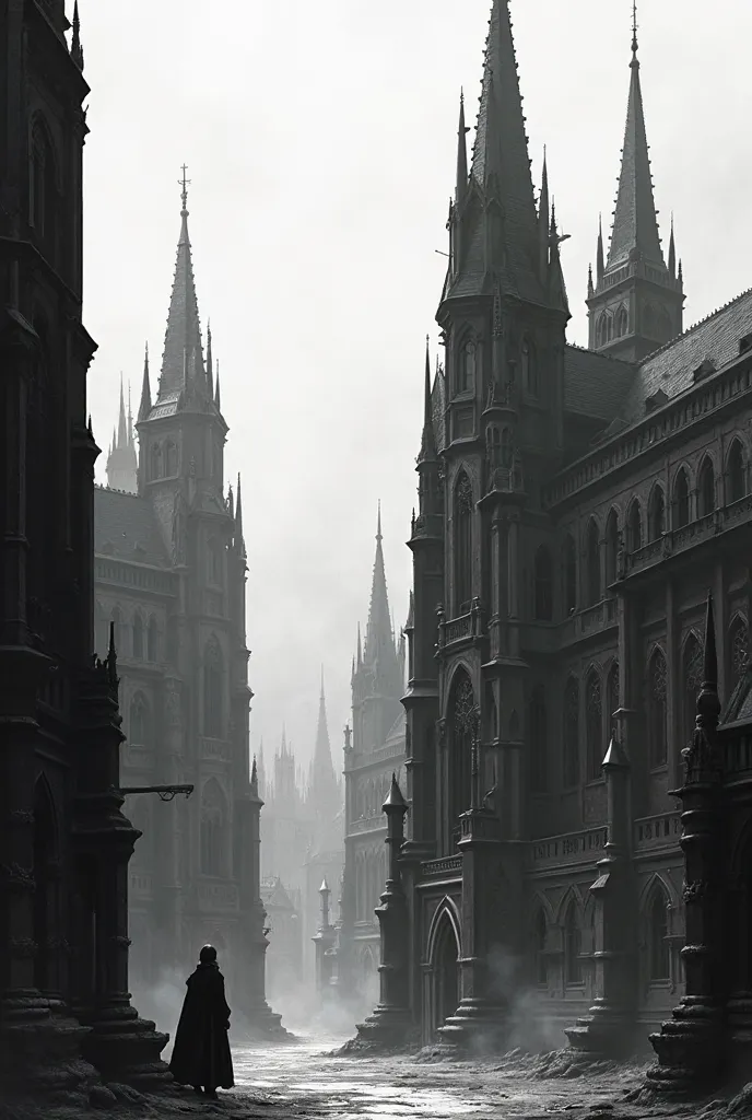 black and white, with a Gothic and somewhat minimalist style, I would like to surround it as if it were German structures 