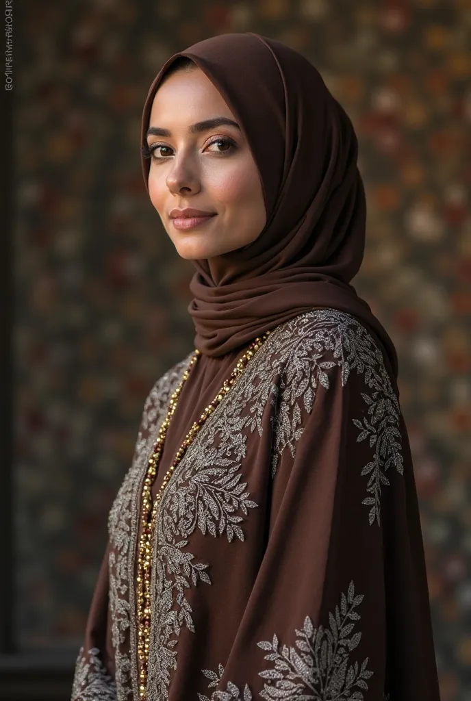 Hijabi bride with dark brown gown with silver embroidery and gold necklace
