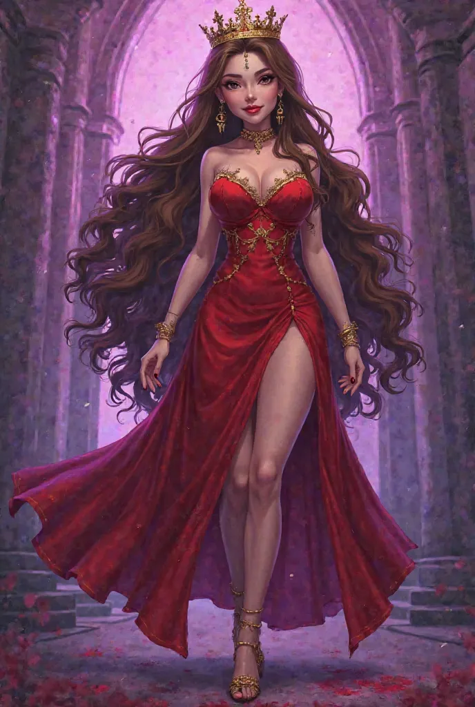  anime girl t-shirt, ager ,big breasts,  long brown hair, with a curse that makes her whole body purple,  long nails painted red ,, Wearing a red dress  ,wearing a princess crown, Wearing high golden tacos