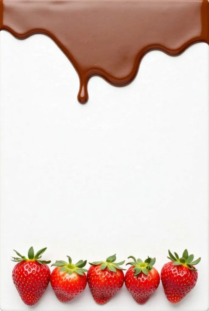 A pure white board with melted chocolate dripping naturally from the top in an uneven, organic flow. Below the chocolate, there is a clean, empty space. At the bottom, a straight line of fresh, shiny strawberries is neatly arranged in an even pattern. Ther...