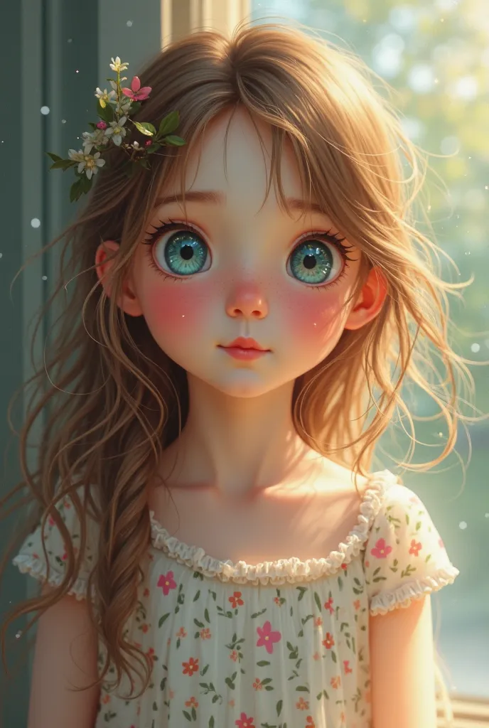 Create me a picture of a little ten-year-old girl with brown hair and blue eyes