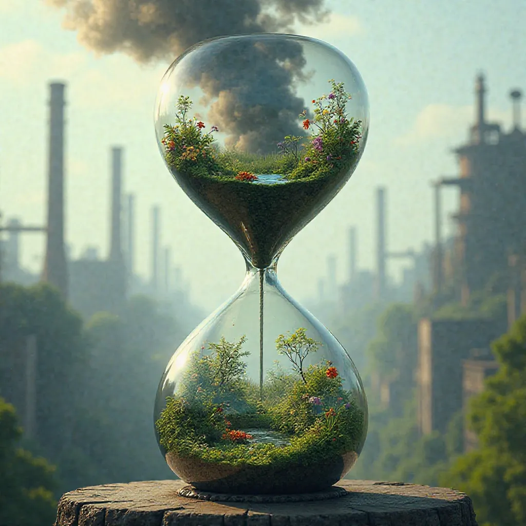 Image of an hourglass where the upper part has smoke and pollution, and the lower part has green and clean nature