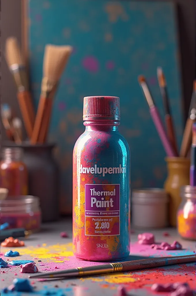 Create a bottle of paint that says on its label "Davelupemikri thermal paint"