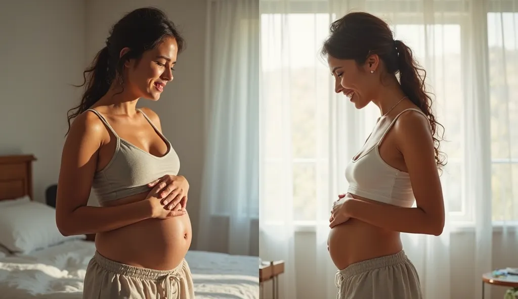 A split-screen image comparing The effects before and after the reduction of bloating. On the left side, a woman in her early 30s with light brown skin, Slightly swollen abdomen and worried expression is in a room with soft lighting. She wears a tight tank...