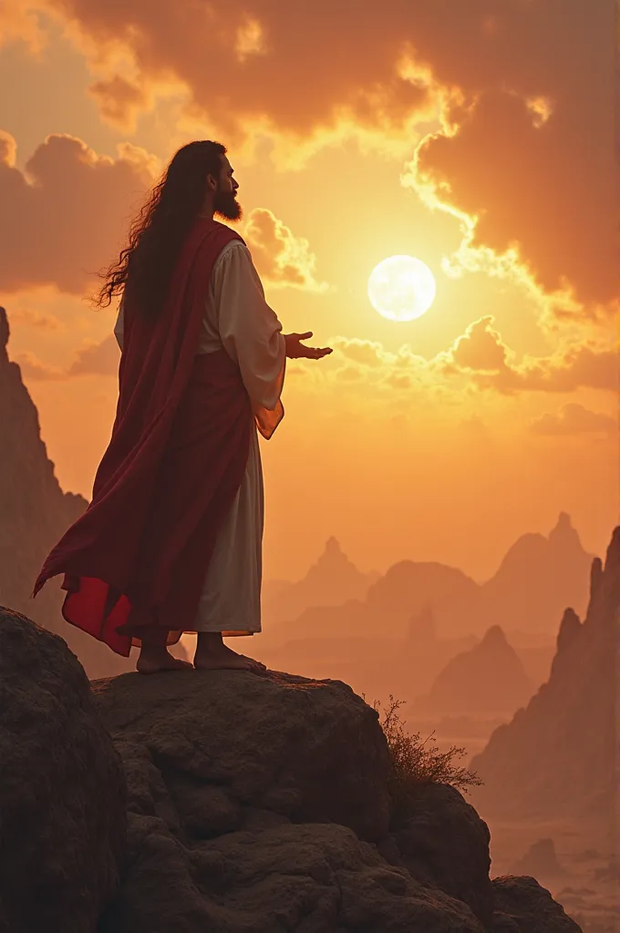 Image of Moses with long hair talking to God on Mount Sinai