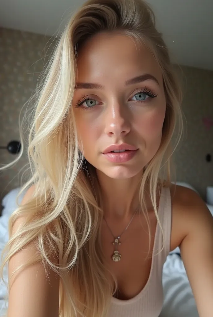 FOR instagram taking a selfie of a ,Ukraine Woman, , long, blonde hair , tan  skinny, , blue eyes ,beautiful lips makeup, ,  A chic young woman sitting in a bedroom wearing a vest i top on . catching the soft afternoon  looking amazing 