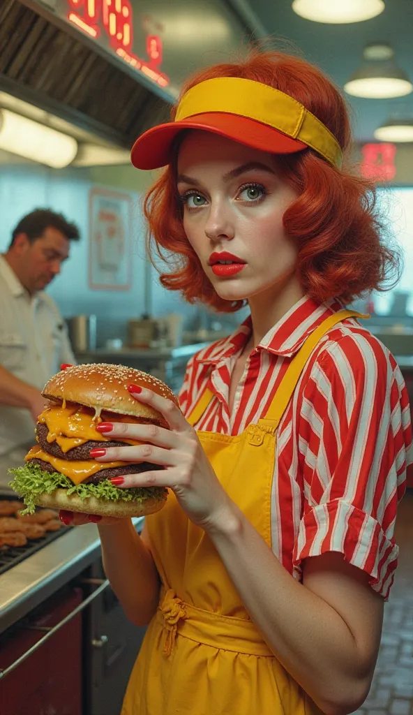 "1980s fast-food style. Woman with layered red hair, pale warm skin, green/amber eyes, brick-red lips, angular face. Wearing a red-and-white striped diner uniform, yellow apron, and matching visor. Holding a massive, perfectly stacked burger with melted ch...