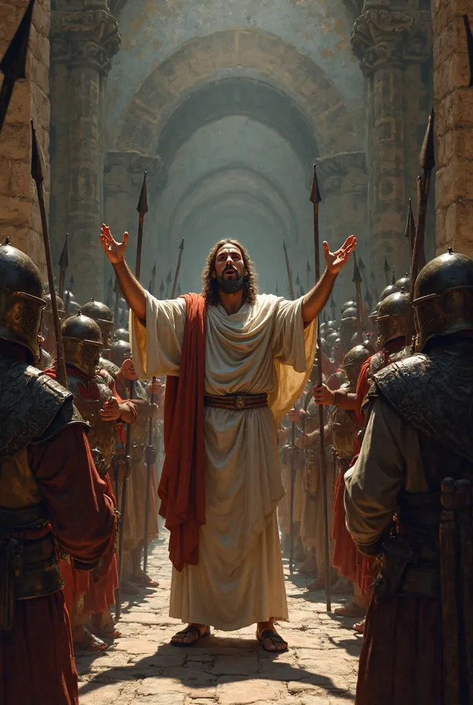 Peter the disciple of Jesus preaching while guards are pointing spears at him