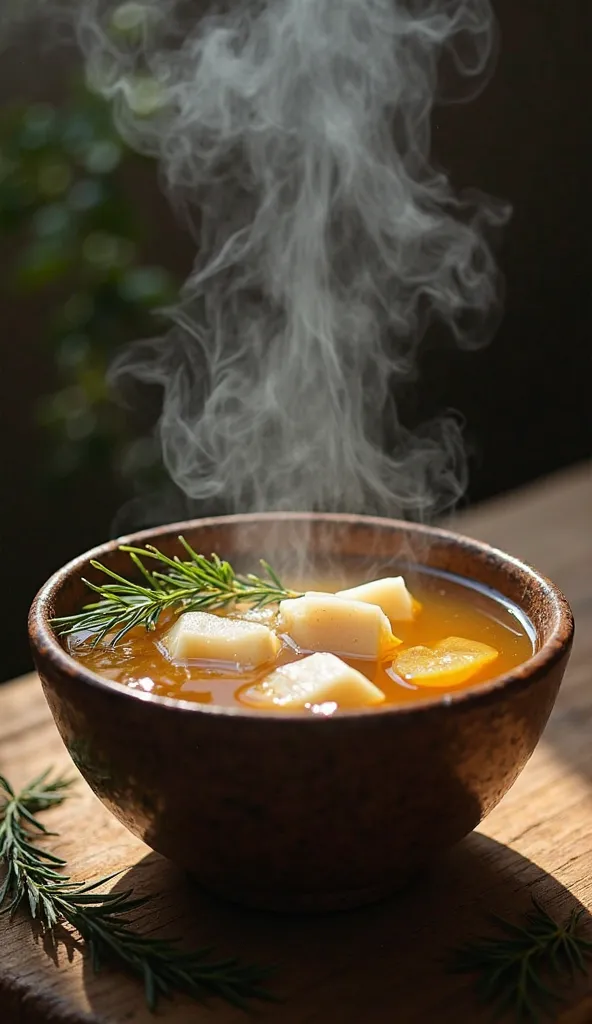 A rustic bowl with warm bone broth, with a gentle steam rising, conveying the feeling of warmth and nourishment. The broth should have a golden and rich color, with visible pieces of bone and some fresh herbs around to highlight its natural and healthy app...