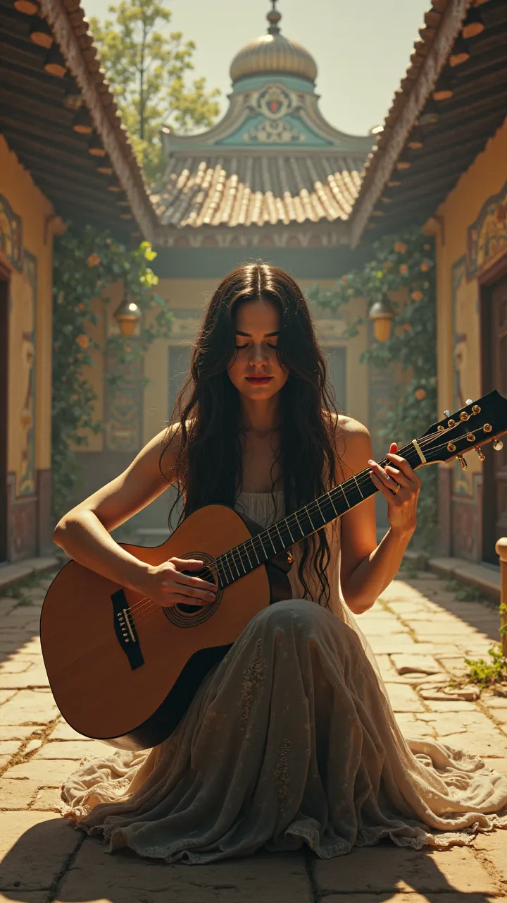 Viktor Tsoi became a woman, long hair sitting and playing guitar in a Russian courtyard