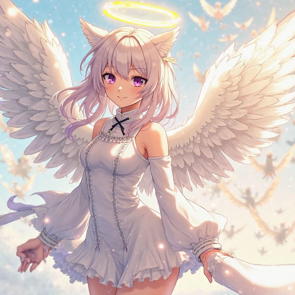 The image features a character design that includes large, feathered wings and a halo above the head.  The background includes several small flying figures or elements that resemble birds or angelic motifs.  with a focus on the winged character. The charac...