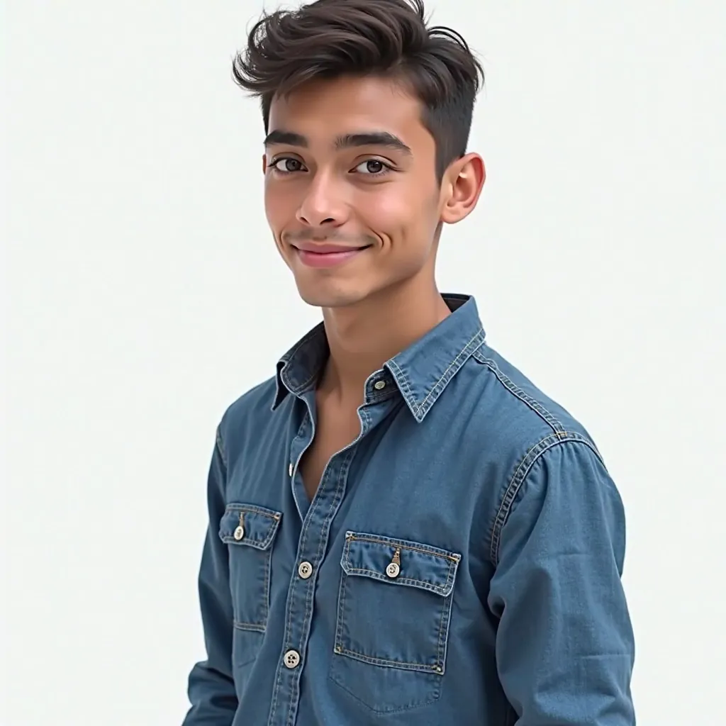 young Bolivian man standing, half tilted , looking straight ahead, elegant jean shirt dress, with contact lenses in your eyes,  smiley expression ,  On a white background 