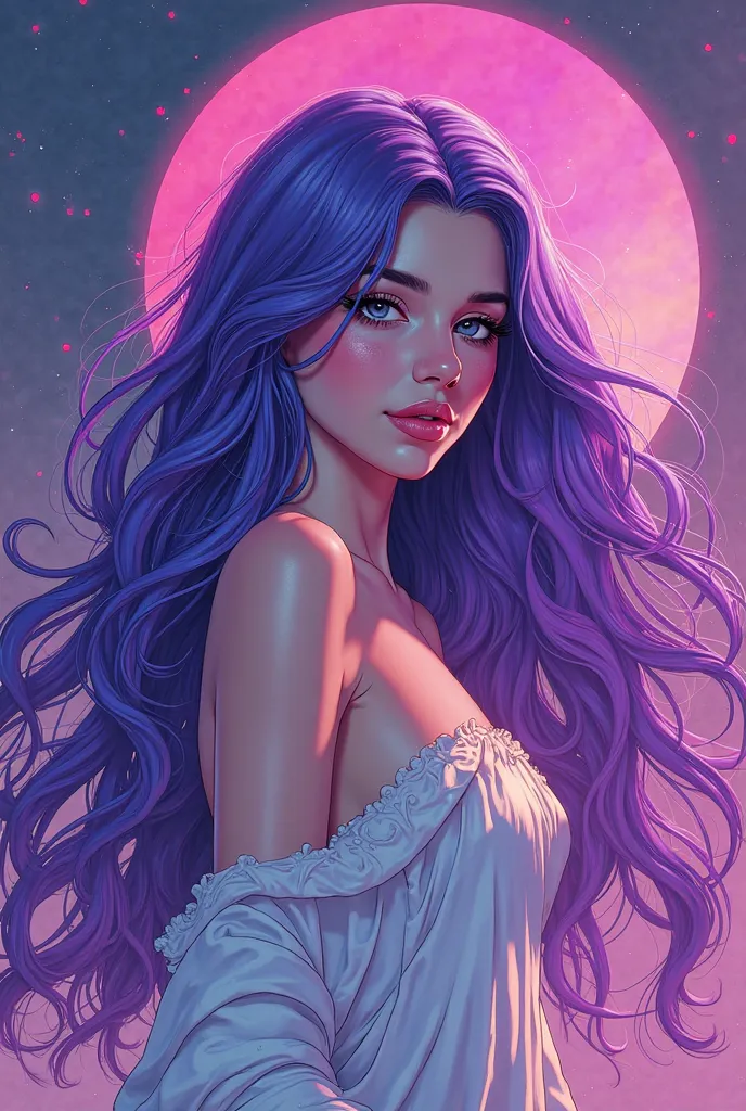 ethereal purple hair goddess artwork simplistic comic book style neon colors 