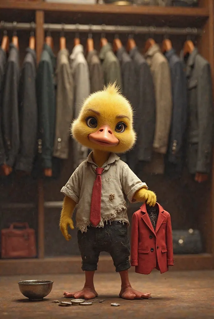 "A digitally rendered image of an anthropomorphic duckling with realistic fur, standing in a luxurious clothing store. The duckling has a sad expression, wearing a torn and dirty white shirt and dark pants. It holds a small red blazer with a tie on a hange...