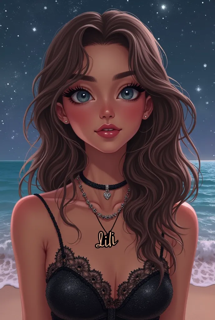 Make a pretty girl with sparkly hair and a black dress with brunette hair and a black necklace saying lili with thick thighs and sparkly background with a night sky with a beach. realistic  very sparkly. And her necklace says Lili