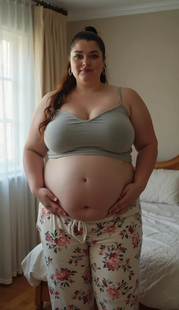 In room, high angle view, a two massive ass pawg voluptous obese bbw 30-year old white european students with huge fat protruding bloated saggy belly standing near bed, brunette slickback ponytail, hoop earings, wide body, large sized huge breasts, huge th...